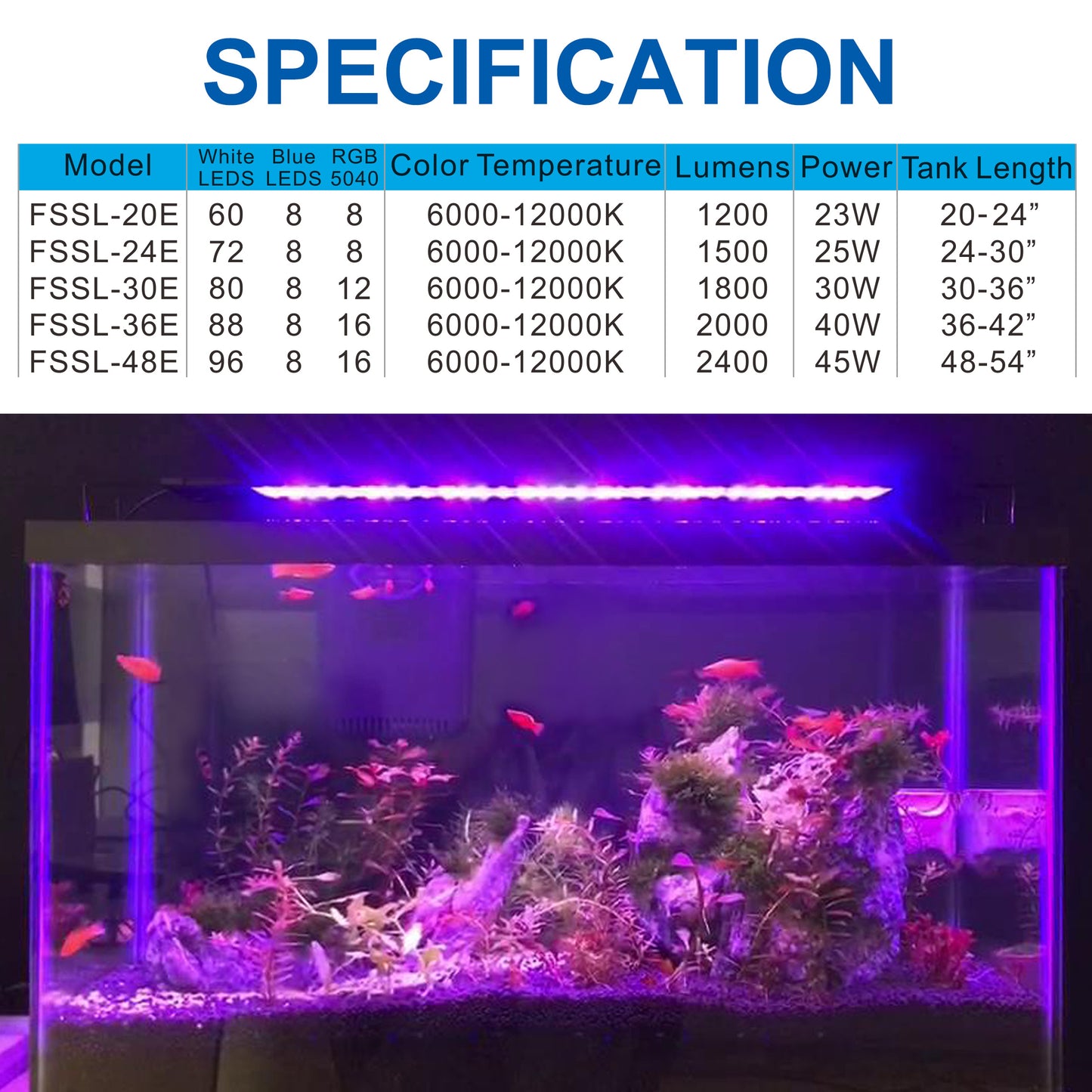 OYO WATER Fish Tank Light Aquarium Light with Timer, 24/7 Cycle Sunrise Sunset Simulation, 5 Dimmable Brightness, for Freshwater Fish Tank