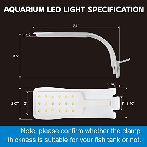 Water Rebirth Aquarium Clip-on led Light, Fish Tank Light with White and Blue LEDs, Small LED Aquarium Light for Freshwater Tank, 2 Lighting Modes (White)