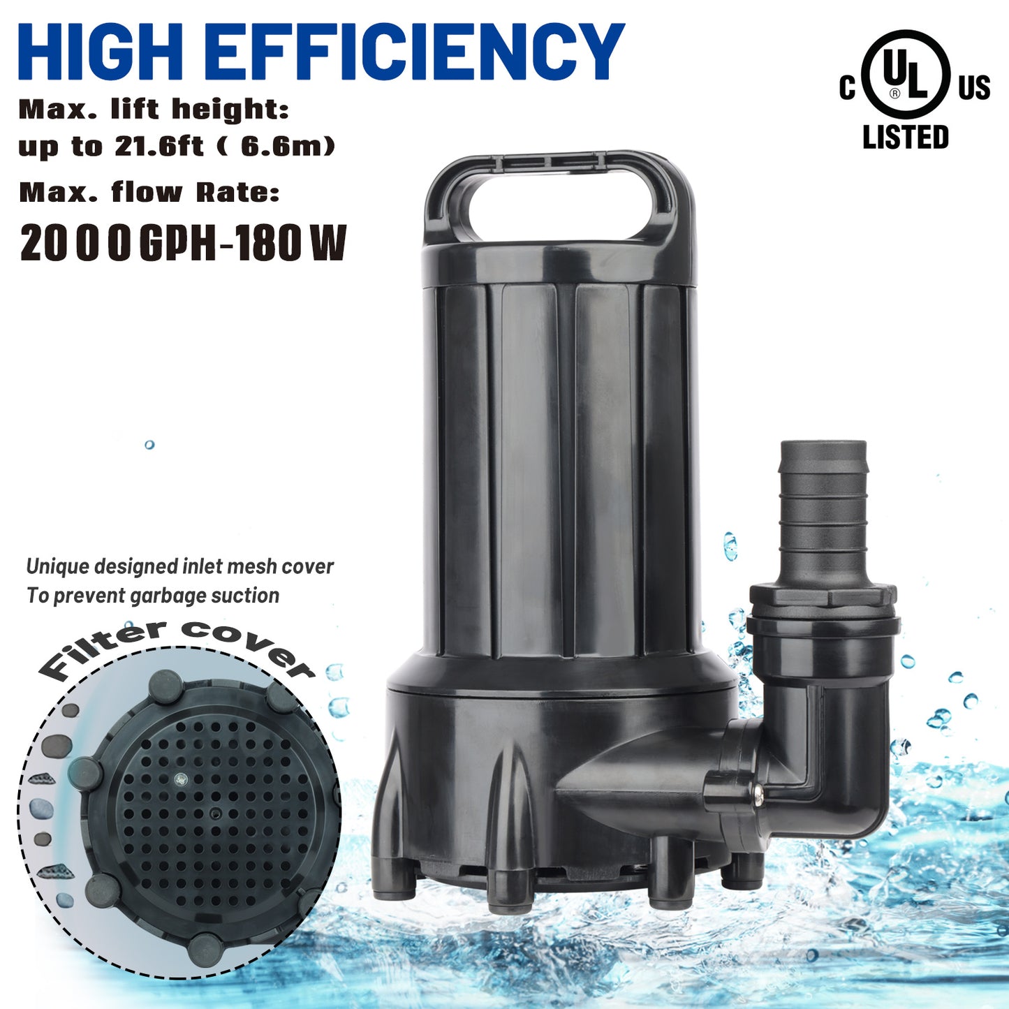 OYO WATER 1600GPH: Submersible pond pump with durable oil-free design, ceramic impeller shafts, and overheat protection.