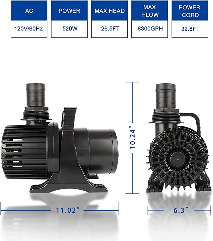 OYO WATER Upgraded 8300 GPH Pond Pump Waterfall Pumps Submersible Outdoor Water Fountain Pump with Barrier Pump Bag 32.8FT POWER CORD
