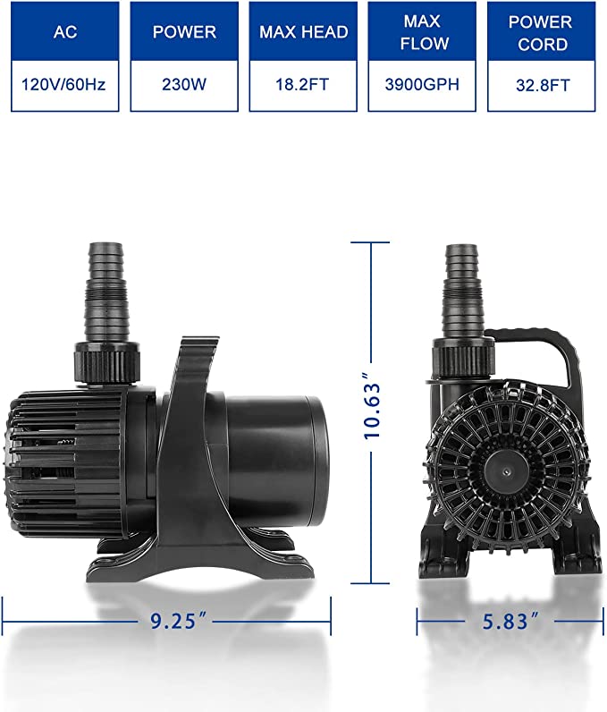 OYO WATER Upgraded 3900 GPH Pond Pump Waterfall Pumps Submersible Outdoor Water Fountain Pump with Barrier Pump Bag 32.8FT POWER CORD