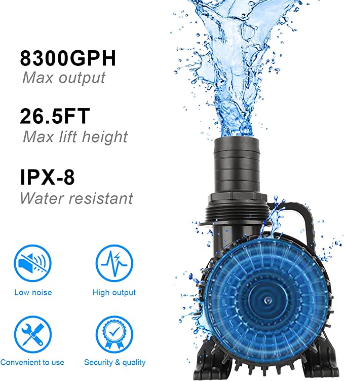 Comparison image showing the benefits of an upgraded larger outlet diameter marked as MPT3/FPT2 on a submersible pump, which illustrates a larger water flow versus a smaller water flow with MPT2.5/FPT2. It also compares a longer 32.8ft flexible cord versus a shorter 20.3ft cord for improved reach and efficiency.