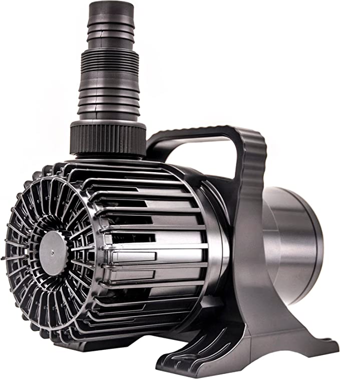 Image of a submersible water pump with water flowing from its outlet. The text next to the pump highlights its features: 5600 GPH max output, 20 FT max lift height, and IPX-8 water resistance. Additional icons at the bottom indicate low noise, high flow, convenience, security, and quality.