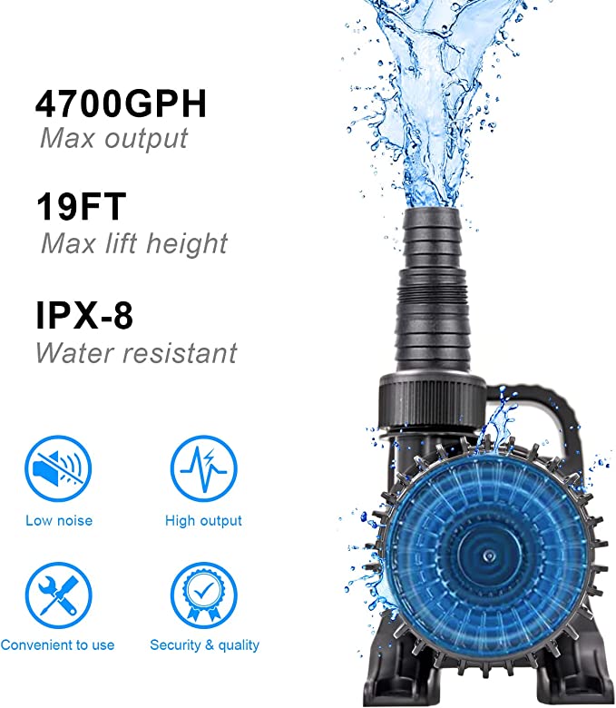 Image of a powerful pond pump in operation. Text on the left highlights its features: 4700GPH max output, 19FT max lift height, IPX-8 water resistant. Icons at the bottom indicate low noise, high output, convenience to use, security, and quality. Experience the Oyo water difference with this quiet and efficient pump.