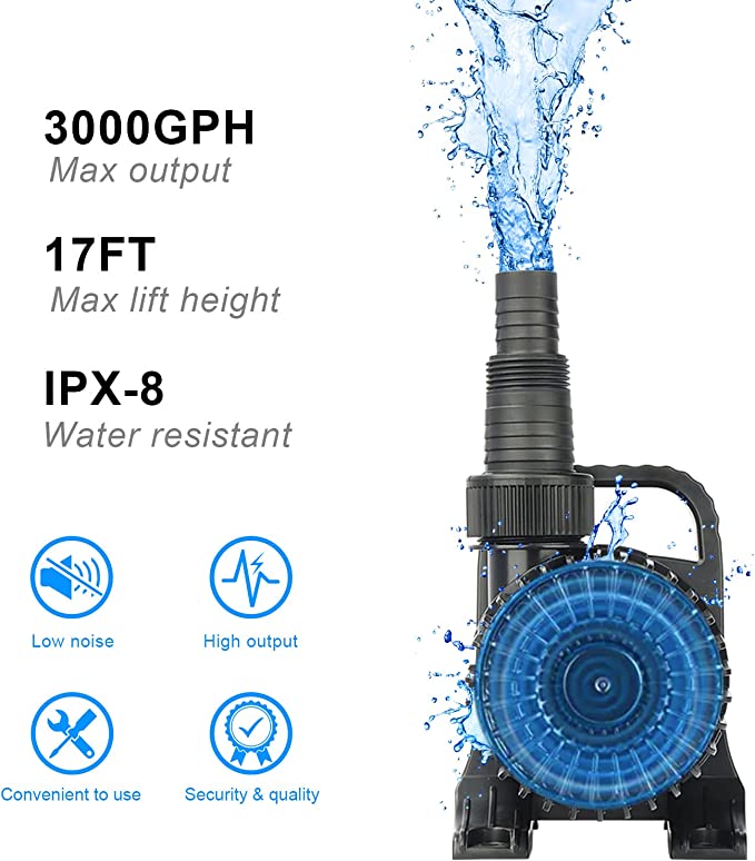 OYO WATER Upgraded Submersible Pond Pump with 3000GPH Flow Rate