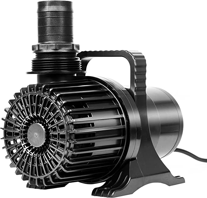 Image of a submersible pond pump with water pouring out of the top. The pump's specifications are listed: 8300 GPH max output, 26.5 FT max lift height, IPX-8 water resistance. Icons below indicate low noise, high output, convenience to use, and security &amp; quality.